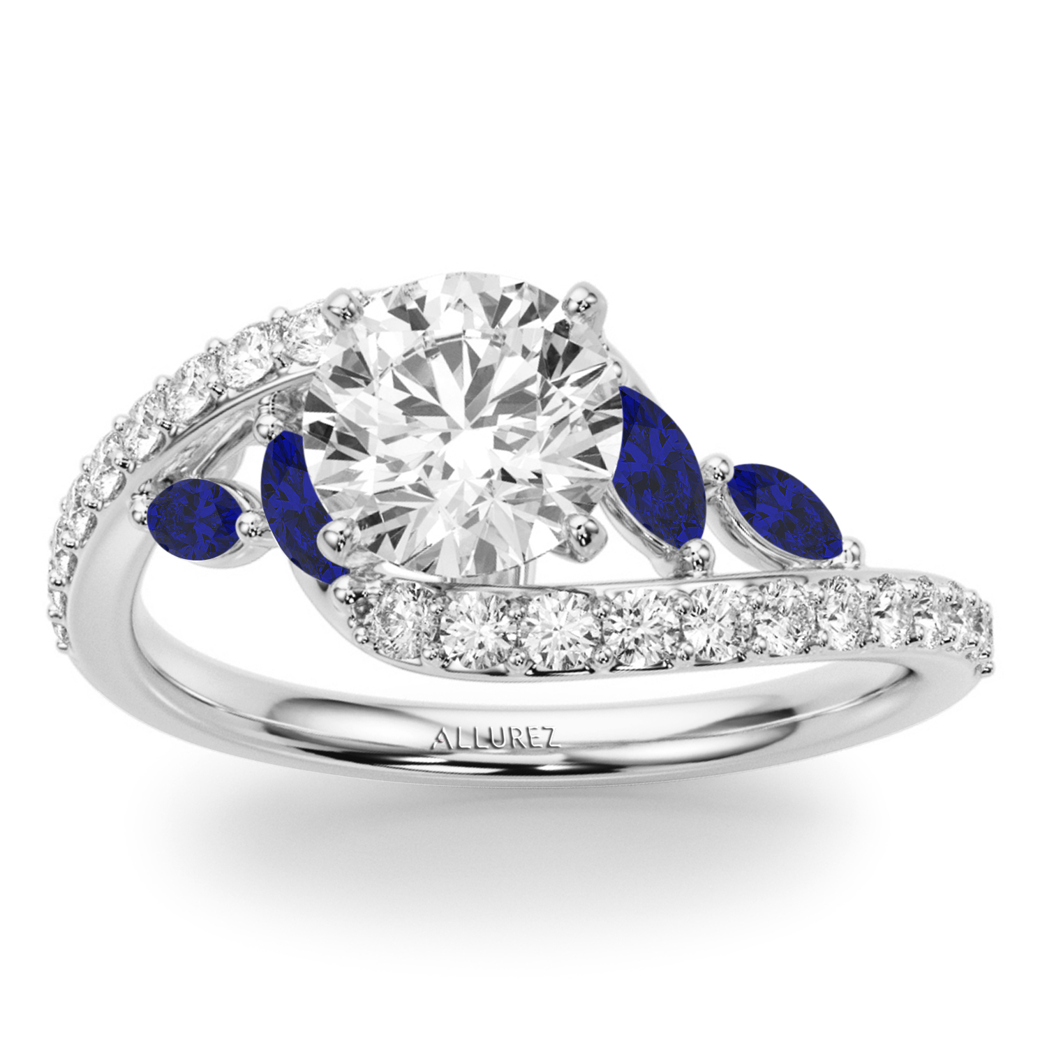 Swirl Design Diamond & Marquise Sapphire Bridal Ring Set 14K White Gold (0.96ct)